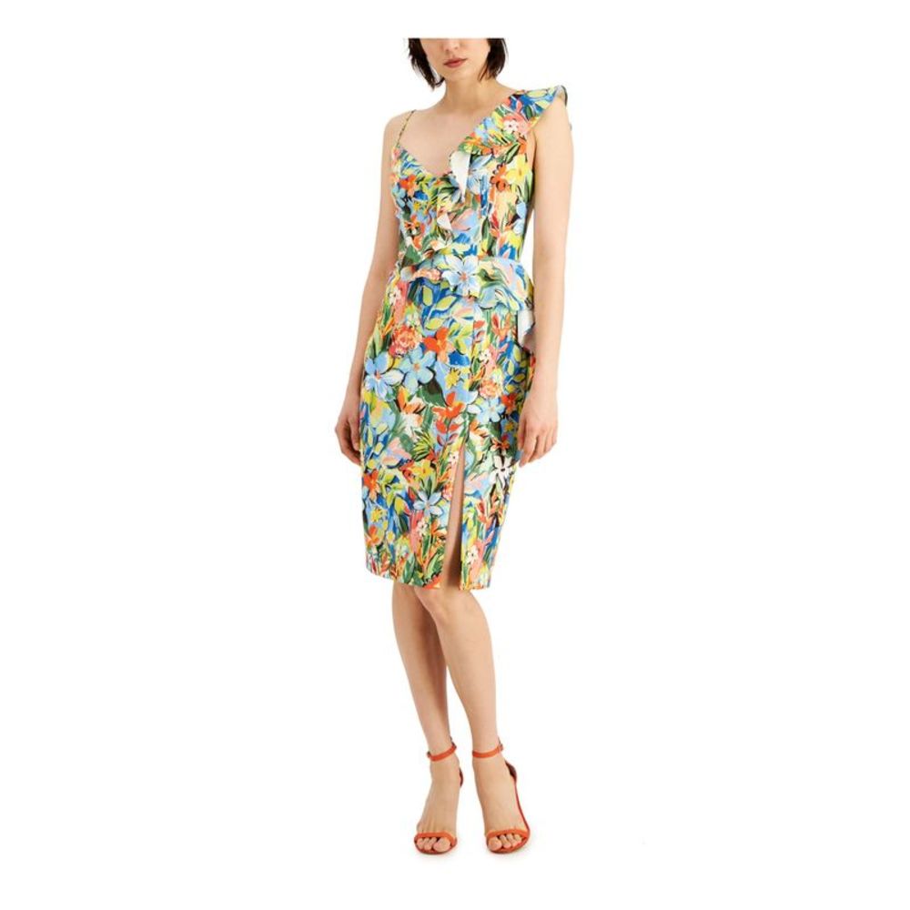 AIDAN MATTOX Womens Light Blue Slit Spaghetti Strap Knee Length Sheath Dress 10